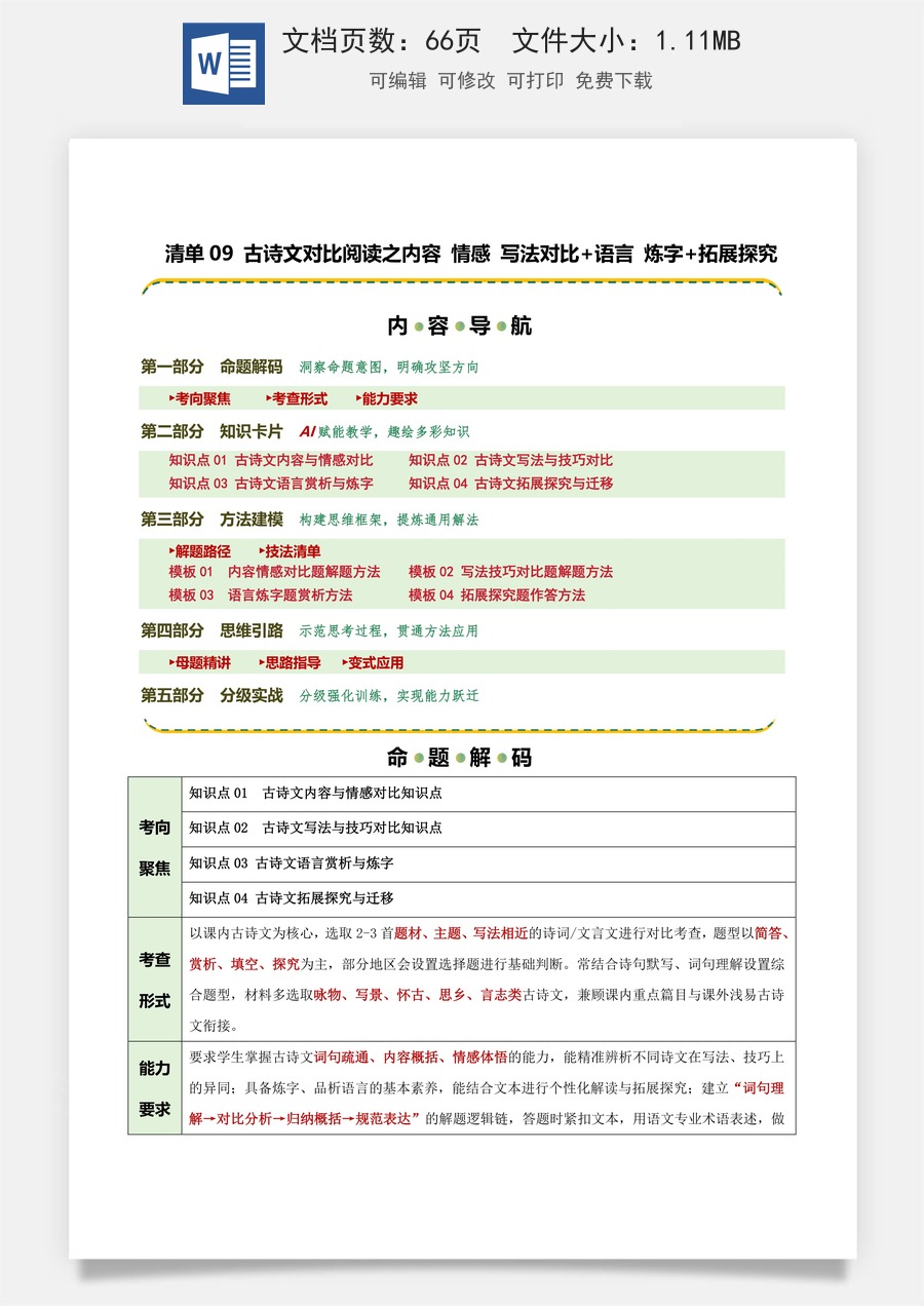 初中-语文-中考语文-二轮复习知识点-清单09 古诗文对比阅读之内容 情感 写法对比+语言 炼字+拓展探究（知识·方法·能力清单）（教师版）.docx